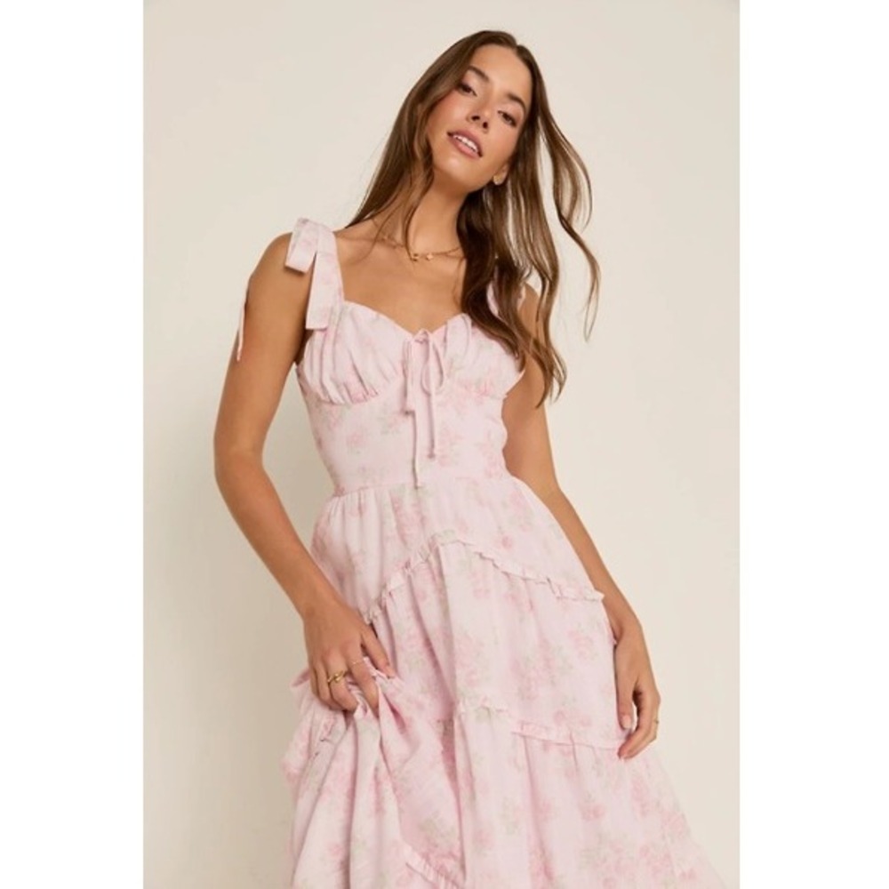 Francesca's Alara Pink Floral Milkmaid Tiered Midi Dress S Cottagecore Coquette